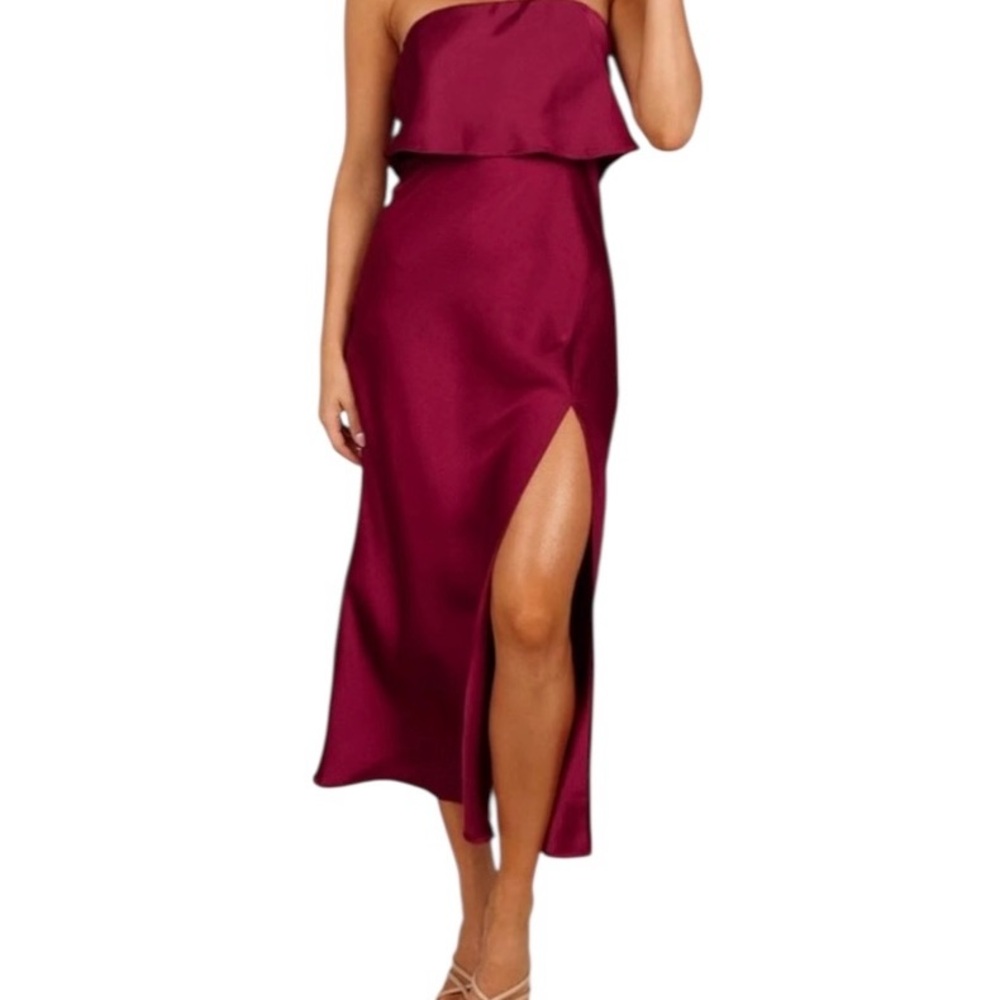 Petal & Pup Strapless Burgundy Satin Maxi Dress with Side Slit